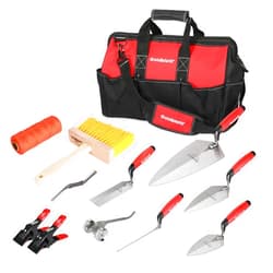 Goldblatt 12PC Masonry Hand Tool Set Organized in Tool Bag - Philadelphia/Pointing/Margin/Tuck Pointing Trowel, Skate Wheel Joint Raker, Convex Brick Jointer, String Line & Jag-clamp, Masonry Brush