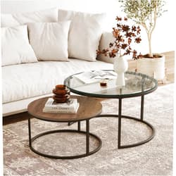 Nathan James Stella Round Modern Nesting Coffee Set of 2, Stacking Living Room Accent Tables, Rustic Oak/Gunmetal/Clear Glass
