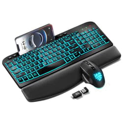 SABLUTE Wireless Keyboard and Mouse Combo - Ergonomic Wave Keyboard with Soft Leather Wrist Rest, Phone Holder, Rechargeable, RGB Backlit Mouse, Full-Size Cordless Set for Windows/Mac/Computer/Laptop