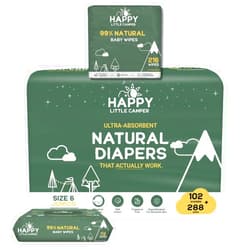 Happy Little Camper Ultra-Absorbent Natural Baby Diapers Size 6 - Hypoallergenic, Unscented & Chlorine-Free Disposable Diapers (102 Count) Come with Natural Baby Wipes (288 Count) for Sensitive Skin