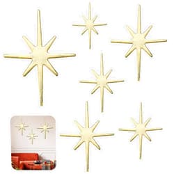Blulu 6 Pcs Gold Cast Iron Starburst Wall Hangings Metal Mid Century Modern 8 Pointed Stars Easy Install Starburst Wall Decor for Vintage and Eclectic Elegant Decor Indoor Outdoor Home Accent Pieces