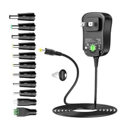 Basicvolt Universal AC/DC Adapter Multi-Voltage Regulated Switching Power Supply with 11 Selectable DC Plugs for 3V 4.5V 5V 6V 7.5V 9V 12V Household Electronics 2.0A 24Watt Max