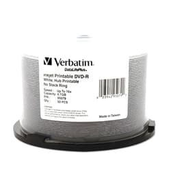 Verbatim DVD-R Blank Discs 4.7GB 16X DataLifePlus White Inkjet Printable Recordable Disc Hub Printable - 50pk Spindle 95079