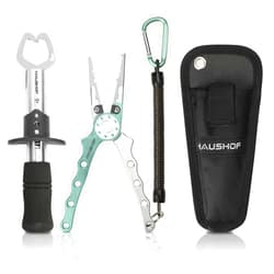 HAUSHOF Aluminum Fishing Pliers and Fish Lip Gripper, Stainless Steel Multi-Function Fishing Pliers Hook Remover with Tungsten Carbide Cutters, Coiled Lanyard and Sheath