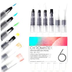 Chromatek AquaPens. Set of 6 Refillable Aqua Watercolor Brushes with Nylon Tips. Easy Water Brush Pens for Painting. Blending & Calligraphy. Includes Online Video Tutorials & Templates