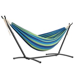 VOYAGGE Polyester Hammock Swing with Stand, Double Brazilian Style Hammock, 2-Person Outdoor and Indoor Use (110 x 47 x 43 inches, Blue/Green Pinstripe)