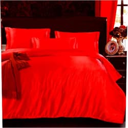 ColorfulMart Red Scarlet Luxury Silk Bedding Set. Include Silk Duvet Cover, Silk Pillow Sham and Silk Fitted Sheet. Satin Silk, Silk Blend Fabric. No Comforter or Duvet Insert Included. Full/Queen Size.