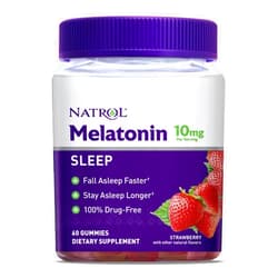 Natrol Melatonin Sleep Aid Gummy, Fall Asleep Faster, Stay Asleep Longer, 2 Gummies Per Serving, Drug Free and Gelatin Free, 10mg, 60 Strawberry Flavored Gummies 10mg 60 Count (Pack of 1)