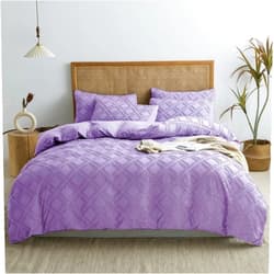 JELLYMONI Duvet Cover King Size - 3 Pieces Microfiber Tufted Lavender Purple Duvet Cover Set, Boho Soft Grid Textured Comforter Cover with 8 Corner Ties & Zipper Closure