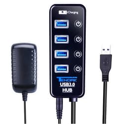 Tendak USB 3.0 Hub - Tendak USB Hub with 4 USB 3.0 Data Ports + 1 USB Smart Charging Port and Power Supply Adapter with Individual On/Off Port Switches for MacBook, Mac Pro, HDD