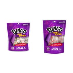 Dingo P-25002 Mini Bones, Rawhide for Small/Toy Dogs,White, 35-Count, Chicken, 0.8 pounds Twist Sticks 50 Count, Rawhide for Dogs, Made with Real Chicken, 50 Count (Pack of 1)