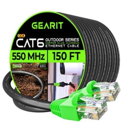 GearIT Cat6 Outdoor Ethernet Cable (150 Feet) CCA Copper Clad, Waterproof, Direct Burial, In-Ground, UV Jacket, POE, Network, Internet, Cat 6, Cat6 Cable - 150ft, Compatible with Personal Computer