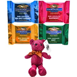 By The Cup Ghirardelli Chocolate Squares Assorted, 20 of each, Milk Chocolate Caramel, Dark Chocolate Sea Salt Caramel, Dark Chocolate Raspberry, Dark Chocolate Mint (Pack of 80) with By The Cup Teddy Bear