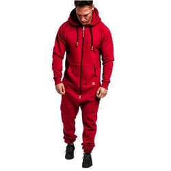 WUAI-Men WUAI Onesie Men's Hooded Jumpsuit Zip Up One Piece Pajamas Playsuit Jogger Sweatsuit Overall Romper (Red,Large)