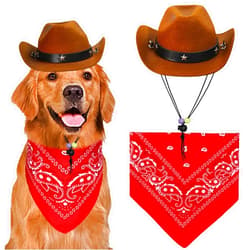 GOYOSWA Dog Halloween Costumes, Dog Cowboy Costume Halloween Dog Cowboy Hat Halloween Dog Bandana Scarf Funny Dog Halloween Costumes for Small Medium Large Dogs Pets (Brown Hat & Red Bandana, Large)