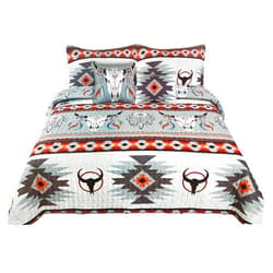 Western Peak 5 Piece Bull Skull Native Tribal Feather Artisan Southwestern Boho Design Quilt Bedding Set with Shams and Decorative Pillows (Tribal Grey, Queen)