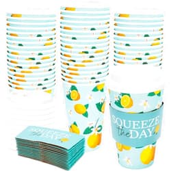 JarThenaAMCS 48 Pack Lemon Disposable Coffee Cups with Lids and Sleeves 16OZ Blue Yellow Lemon Paper Cups Drinking Cups for Lemonade Stand Supplies Kids Summer Fruit Party