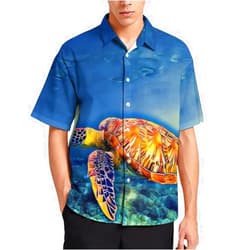 RIVNGJDE0078 Sea Turtle in Blue Sea Water Hawaiian Shirt for Men Lapel Pocket Button Down Short Sleeve Tees Tops