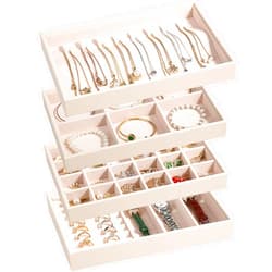 LANDICI Stackable Jewelry Organizer Trays 4 Set,PU Leather Jewelry Organizer Drawer,Jewelry Storage Display Tray for Earring Necklace Rings Bracelet with Removable Dividers,Apricot