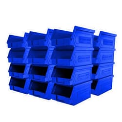Storage Compat 24 Pack Small Storage Bin, Wall Mount Storage, Hanging and Stacking Bin, Freestanding | 7” x 4” x 3” Plastic Container | Blue | Zeus 1PLZ04 | StorageCompat