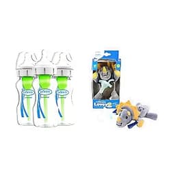 Dr. Brown's Dr. Brown’s Natural Flow® Anti-Colic Options+™ Narrow Baby Bottles 9 oz/270 mL, with Level 1 Slow Flow Nipple, 4 Pack & Triceratops Lovey with HappyPaci Pacifier, 0m+