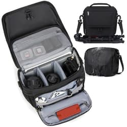 RAINSMORE Camera Bag, DSLR/SLR/Mirrorless Camera Case with Tripod Holder Waterproof Camera Sling Bag Crossbody Camera Bags for Photographers with Rain Cover for Canon/Nikon/Sony/Fuji, Black