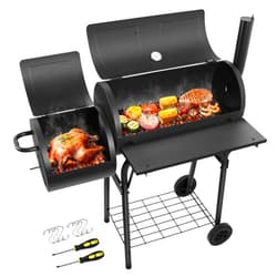 HaSteeL Charcoal Grill with Offset Smoker, Outdoor Barrel BBQ Grill, Camping Barbecue Grill for Patio Backyard Garden Party Picnic, Large 420.SQ.IN Cooking Area, 2 Screwdrivers & 6 Hooks - Black