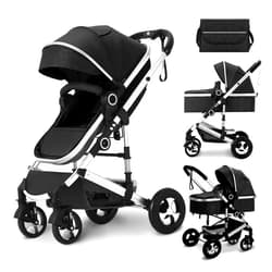 Kinder King 2 in 1 Convertible Baby Stroller, Folding High Landscape Infant Carriage, Newborn Reversible Bassinet Pram, Adjustable Canopy, Diaper Bag, Anti-Shock Toddler Pushchair Stroller, Black