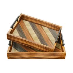 Butizone Wood Serving Tray with Handles, Rustic Ottoman Tray for Breakfast in Bed, Coffee Table, Entertaining, Home Decor, Decorative Nesting Trays, Ideal for Kitchen, Bedroom, Living Room, Set of 2