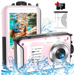 Yifecial 4K Waterproof Camera with 32GB Card Waterproof Digital Camera 56MP Autofocus 16X Compact Underwater Cameras for Snorkeling 11FT Floatable Digital Camera with 1250mAh Battery, Pink