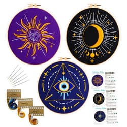Louise Maelys 3 Set Tarot Embroidery Kits for Beginners with Sun Moon Evil Eye Pattern,Adults Starter Cross Stitch Kit DIY Needlepoint Kits