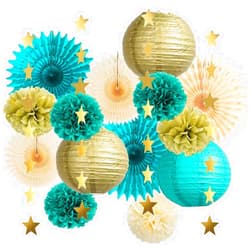 FETETIJD Teal and Gold Party Decorations Teal Blue Paper Lanterns Pom Poms Paper Fans Cream Teal Party Decorations with Gold Star Garland for Teal Gold Birthday Baby Shower Wedding Engagement Graduation Party