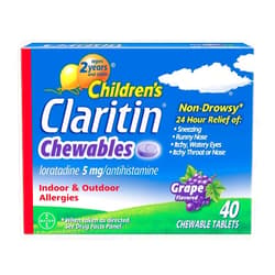 Claritin Children's Chewables 24 Hour Allergy Relief, Non Drowsy Kids Allergy Medicine, Grape Antihistamine Chewable Tablets, For Children 2 Years and Older, 40 Count