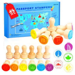 MeCids Passport Stamps for Kids – City and Country Stamp Set |24 International Places, Perfect for Learning, Arts & Crafts, Scrapbooking, Classroom Activities, Travel Theme |Wooden Stamper Gift Choice