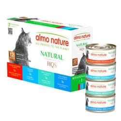 Almo Nature: HQS Natural Cat Pack 2 - (12) 2.47oz Can, Adult Cat Wet Canned Food - 3 Each: Atlantic Tuna, Mackerel, Trout & Tuna, Chicken & Shrimp