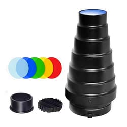 Soonpho Aluminium Alloy Conical Snoot Kit for Bowens Mount Strobe Flash Speedlite Photography,Honeycomb Grid and 5 Pieces Color Filters for Bowens Mount Strobe Flash Speedlite