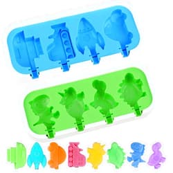 Sakolla 2 Pack Silicone Popsicle Molds with Sticks & Lid, 4-Cavity Mini Popsicle Molds for Kids - Cars, Ships, Train, Rocket and Dino Shapes (Green & Blue)