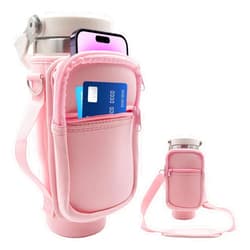Taladad for Stanley Iceflow Flip Straw Tumbler 30 oz, Water Bottle Cup Holder Cover Carrier Sling Bag with Strap, Pouch Pocket for Phone / Accessories, add Handle for Stanley Flip Straw, Neoprene (Pink)