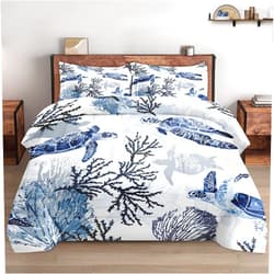 WeCozy Twin Size Comforter Set with Pillowcase, Animal Blue Turtle Sea Coral Soft 2 Pcs Bedding Set for Kids and Adults Bedroom Bed Decor
