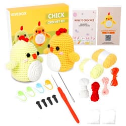 VIVIDOX 2 Pack Chick Crochet Kit for Beginners Adults Kids with Easy Yarn 3.5in Tall Animal Crocheting Starter Set with Step-by-Step Video Tutorials, DIY Knitting Kit with Complete Tools(Yellow+Green)