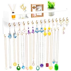 OURISE Necklace Holder Wall Hanging Jewelry Organizer with 30 Hooks & Cosmetics Shelf,Wall Jewelry Organizer for Necklaces Bracelet Earrings Ring