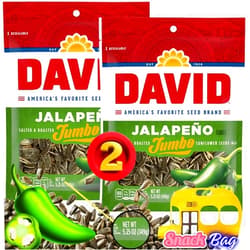 Think Candy (PACK OF 2) David Sunflowers Seeds Jalapeno Flavor JUMBO SIZE - American's Favorite Brand - Whole Seeds Seasoned, Salted & Roasted - 5.25oz Each Bag - One Resealable Snacks ZipBag from Think Candy Included (2 Bags, Jalapeño)