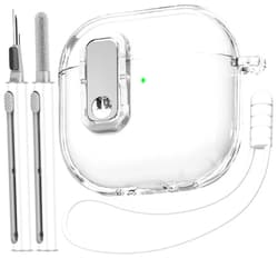 Skyconser (with Safety Lock) Compatible with AirPods 4 Case with Cleaner Kit,Clear Soft TPU Transparent AirPods 4th Generation Case,Full Protection Cover with Lanyard for AirPods 4 Gen (2024) (USB-C)-White