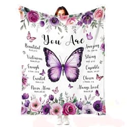 MASLEK Purple Butterfly Floral Blanket Soft Flannel Throw with Inspirational Quote Cozy Gift for Women Girls Bedroom Living Room Home, 50x60 Inch