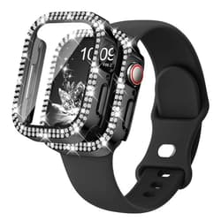 Adorique Compatible with Apple Watch Band 40mm 41mm 44mm 45mm with Screen Protector Case Women, Soft Silicone Wristband Strap with 1Pack Diamond Bling PC Protective Case for iWatch Series 9 8 7 6 5 4 3 SE