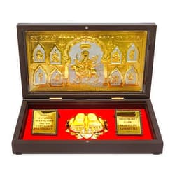 ARNAVIRA Maa Durga Jai Ambe Gold Plated Photo Frame with Charan Paduka Pocket Temple for Diwali Gift,House Warming Gifts Return Gift Puja Box (Jai Ambe, Plastic)