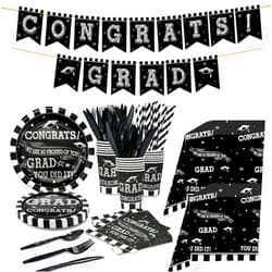 HIPEEWO 146 Pcs Graduation Party Supplies 2025 Tableware - Graduation Decorations Dinnerware Set Includes Banner,Tablecloth, Cutlery,Plates, Napkins, Cups, Straws, Congrats Grad Party Supplies