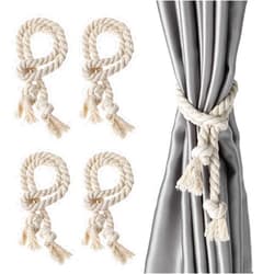 Qianyu 4 Pcs Curtain Tiebacks Rope Cotton Window Treat Belt Home Village Rustic Braided Curtain Holdback Ties for Sheer Outdoor Drapery Patio Drapes Farmhouse Boho