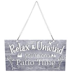 Hotop 10 x 5 Inch Patio Wall Decor Hanging Wall Art Metal Plaque Signs Vintage Balcony Decor Retro Patio Accessories Relax Unwind You're on Patio Time with Chain for Home Pub (White Words with Gray Base)