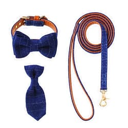 Icicecream cat Bowtie & tie Collar with Leash (4 pcs) Adjustable Cute Dog Detachable Collar with Bell for Puppy Cats (Navy Blue, Medium)